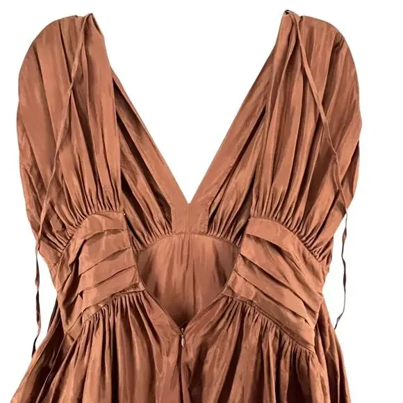 BCBGmaxazria Silk Dress Womens 6 Brown Pleated Sash Fit Flare Midi Greek Goddess - Picture 6 of 15
